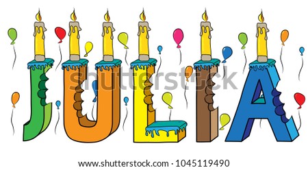 Julia female first name bitten colorful 3d lettering birthday cake with candles and balloons.