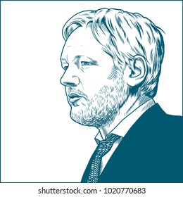 Julian Paul Assange.Vector Portrait Drawing Illustration. Febuary 09, 2018