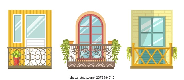 Juliet balconies, small open air to enjoy fresh air, sunlight and outdoor views. Relaxation areas for apartment dwellers, lounge or terrace with potted plants and flowers. Vector in flat style