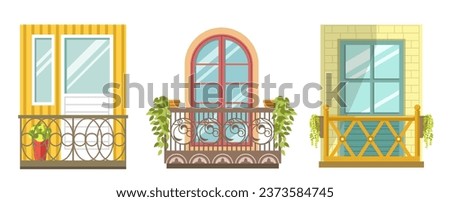 Juliet balconies, small open air to enjoy fresh air, sunlight and outdoor views. Relaxation areas for apartment dwellers, lounge or terrace with potted plants and flowers. Vector in flat style