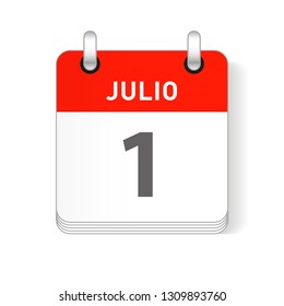 Julio 1, July 1 date visible on a page a day organizer calendar in spanish Language