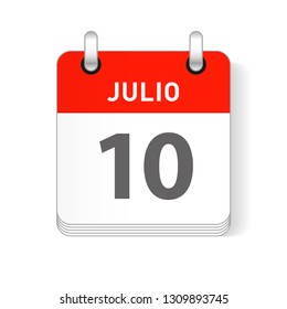 Julio 10, July 10 date visible on a page a day organizer calendar in spanish Language