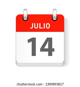 Julio 14, July 14 date visible on a page a day organizer calendar in spanish Language