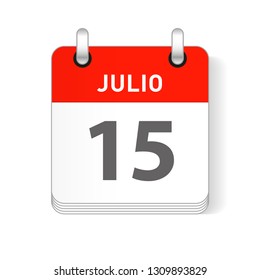 Julio 15, July 15 date visible on a page a day organizer calendar in spanish Language