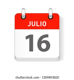 Julio 16, July 16 date visible on a page a day organizer calendar in spanish Language