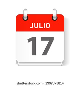 Julio 17, July 17 date visible on a page a day organizer calendar in spanish Language