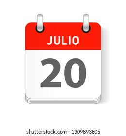 Julio 20, July 20 date visible on a page a day organizer calendar in spanish Language