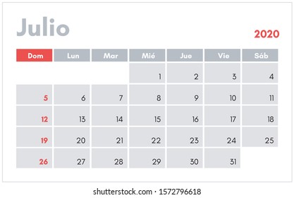 Julio 2020. Calendario en espanol (July 2020 calendar in spanish) vector illustration for prints, templates and banners.