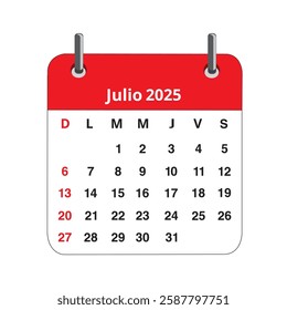 Julio 2025 calendar page isolated on a white background (trad. July)