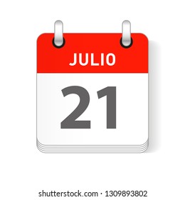 Julio 21, July 21 date visible on a page a day organizer calendar in spanish Language