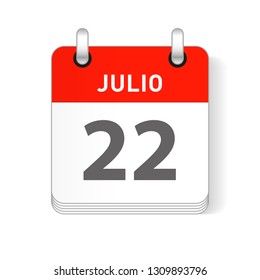 Julio 22, July 22 date visible on a page a day organizer calendar in spanish Language