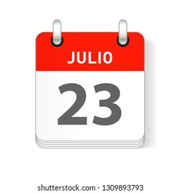 Julio 23, July 23 date visible on a page a day organizer calendar in spanish Language