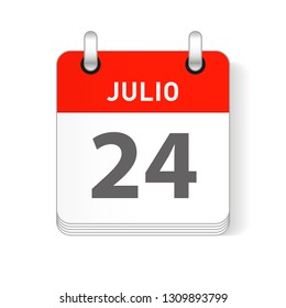 Julio 24, July 24 date visible on a page a day organizer calendar in spanish Language