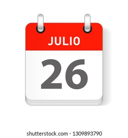 Julio 26, July 26 date visible on a page a day organizer calendar in spanish Language