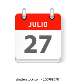 Julio 27, July 27 date visible on a page a day organizer calendar in spanish Language