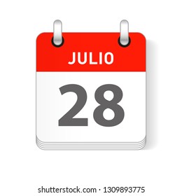 Julio 28, July 28 date visible on a page a day organizer calendar in spanish Language