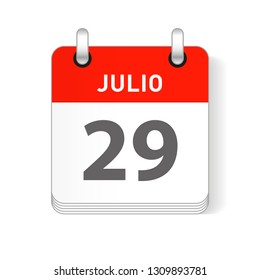 Julio 29, July 29 date visible on a page a day organizer calendar in spanish Language