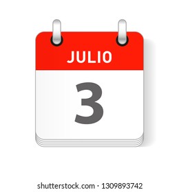 Julio 3, July 3 date visible on a page a day organizer calendar in spanish Language