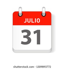 Julio 31, July 31 date visible on a page a day organizer calendar in spanish Language