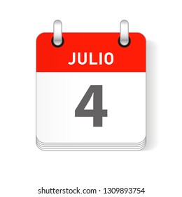 Julio 4, July 4 date visible on a page a day organizer calendar in spanish Language