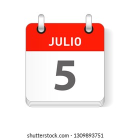 Julio 5, July 5 date visible on a page a day organizer calendar in spanish Language