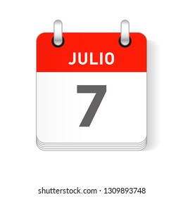 Julio 7, July 7 date visible on a page a day organizer calendar in spanish Language