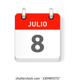 Julio 8, July 8 date visible on a page a day organizer calendar in spanish Language