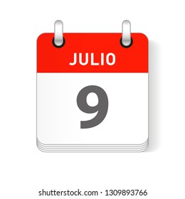 Julio 9, July 9 date visible on a page a day organizer calendar in spanish Language