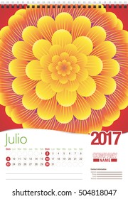 Julio -July in Spanish language- wall calendar 2017 template with abstract floral design, ready for printing. Size: 297mm x 420mm. Format vertical. Spanish version