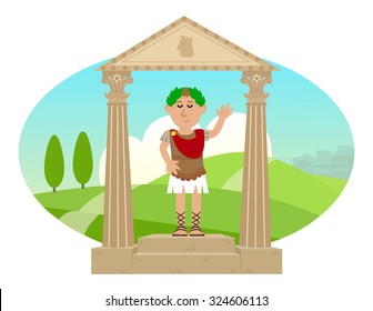 Julius Caesar - Cartoon Of Julius Caesar Standing On A Pedestal And A Landscape Of Ancient Rome In The Background. Eps10