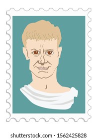 Julius Caesar historian statesman of times of Roman empire. Vector, coloured portrait on stamp. Famous people series. First emperor of Rome, outstanding commander, lover of Cleopatra