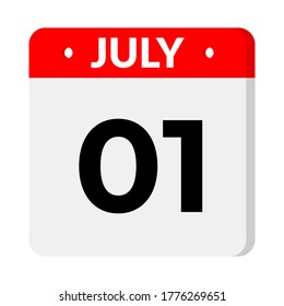 July 01  – Calendar Icon. Calendar icon with shadow. Flat style. Date, day and month. Reminder, Vector Illustration. Organizer application, app symbol. Ui. User interface sign.