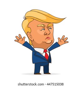 July. 05, 2016. The character portrait of Donald Trump waves his hands on a white background