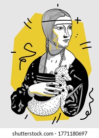 July 07, 2020:  modern vector Illustration. Lady with an Ermine by Leonardo da Vinci. Creative 