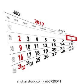 July 1, highlighted on 2017 calendar. Vector Illustration.