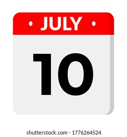 July 10 – Calendar Icon. Calendar icon with shadow. Flat style. Date, day and month. Reminder, Vector Illustration. Organizer application, app symbol. Ui. User interface sign.