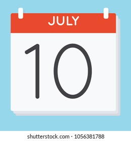 July 10. Calendar icon. Vector illustration in flat design isolated in blue background. Date and time, day, month.