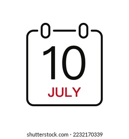 July 10 date on the calendar, vector line stroke icon for user interface. Calendar with date, vector illustration.