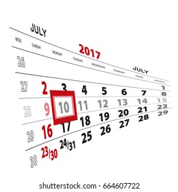July 10, highlighted on 2017 calendar. Vector Illustration.