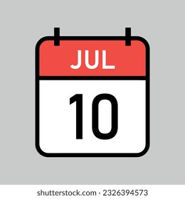 July 10, red and white color calendar page with black outline, calendar date vector illustration