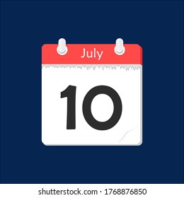 10 de julio. Icono de calendario diario plano vectorial. Fecha y hora, día, mes. Vacaciones.