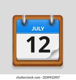 July 12 blue daily realistic calendar with wooden frame icon date vector image
