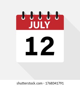JULY - 12 Calendar Icon. Calendar Icon with shadow. Flat style. Date, day and month.
