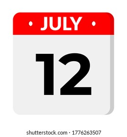 July 12 – Calendar Icon. Calendar icon with shadow. Flat style. Date, day and month. Reminder, Vector Illustration. Organizer application, app symbol. Ui. User interface sign.