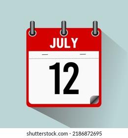 12 de julio, ilustración vectorial de icono del calendario, aislada en fondo azul claro.