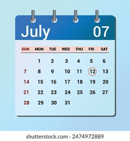 12 de julio. Calendario de icono plano aislado sobre fondo azul. Ilustración vectorial de fecha y mes