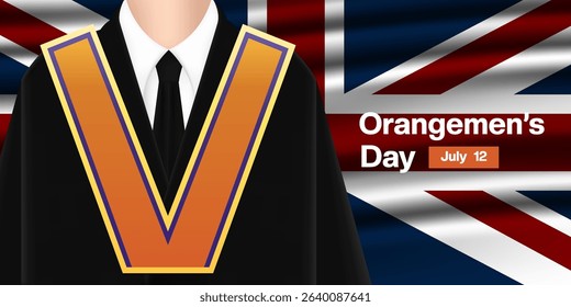 July 12 is Orangemens Day. Human and united kingdom flag. Great for posters, banners and social media. Orange background.