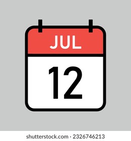 July 12, red and white color calendar page with black outline, calendar date vector illustration svg