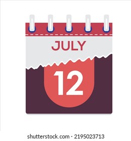 12 juillet. Image vectorielle icône de calendrier quotidien à plat. Date et heure, jour, mois. Fêtes. Saison. Arrière-Plan blanc