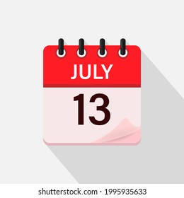 July 13, Calendar icon with shadow. Day, month. Flat vector illustration.